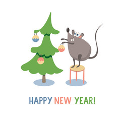 Poster with a cute rat  decorating a Christmas tree. Symbol of the new year 2020.  Happy New Year lettering. Vector illustration isolated on white background.