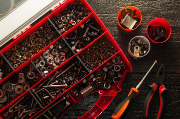 red boxes with details. nuts, bolts, clamps, hardware. Near screwdriver and pliers