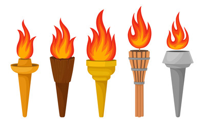 Different Torches With Brightly Burning Fire Vector Set