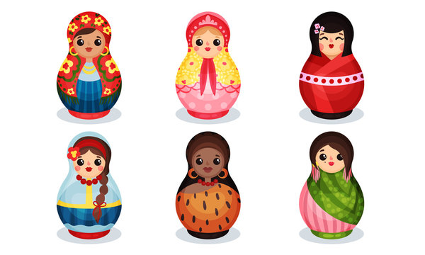 Nesting Dolls in Colorful Costumes of Different Countries Vector Set