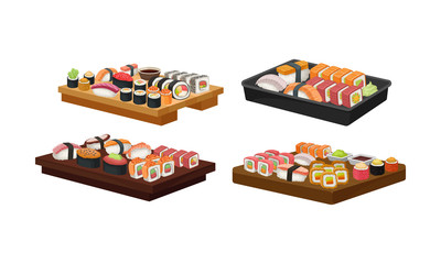 Delicious Oriental Takeaway Sushi Set on Wooden Plank Vector Set