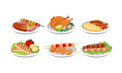 Grilled Food Vector Set. Barbeque Meat and Fish Collection