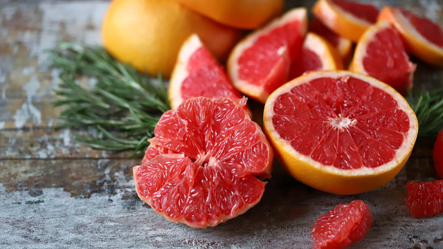 Fresh juicy grapefruits. Vegan diet. Healthy food. Keto diet. Selective focus. Macro.