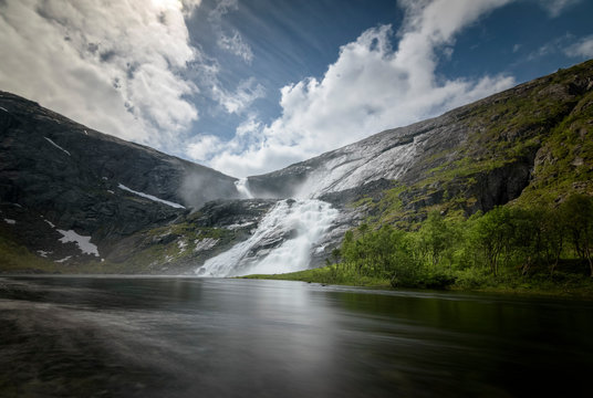 Low perspective sotefossen waterfall long shutterspeed Norway