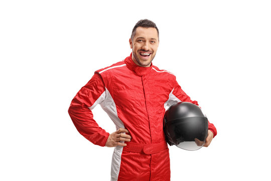 Smiling male car racer with a helmet