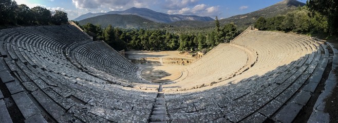 Wideangle panorama of famous ancient Epidauros amphitheater located in Greece near Lighourio