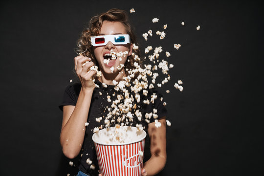 Happy Cute Young Woman Eat Popcorn Watch Cinema.