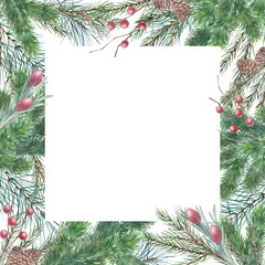 Fototapeta na wymiar Greeting frame with Christmas tree branches, mistletoe, olive on white background. Watercolor winter border. Hand drawn illustration