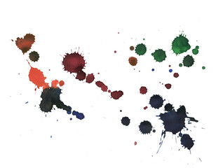 Watercolor blots of different flower, green, red, burgundy, blue, orange paint splashes. Isolated illustration on white.