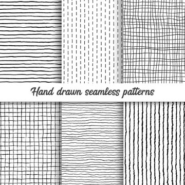 Set of vector hand drawn checkered seamless pattern, messy striped endless ornament.