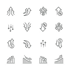 Increase and decrease related icons: thin vector icon set, black and white kit