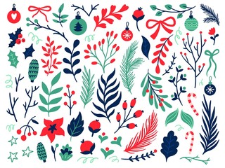 Set of lovely hand-drawn winter elements. Christmas vector illustration with floral graphic design. Great for wallpaper, website, postcard, banner, print or ads.