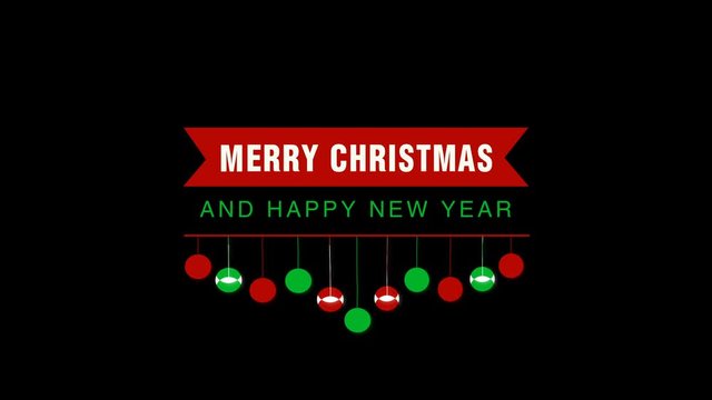 Merry Christmas flat lable for greeting. Animation Merry Christmas text with ribbin and christmas balls. Can be use for a greeting banner, card or congratulatory for Xmas. 4K