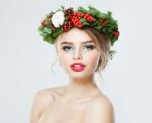 Pretty model with Christmas garland, Xmas concept