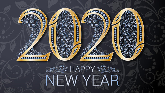 Gold inscription Happy New Year 2020. Refined leafy silver jewelry patterns. Gold numbers with pearls. Vector illustration. Template for decorating gift boxes, Christmas invitation cards, brochures.
