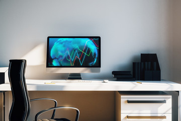 Cabinet desktop interior with financial charts and world map on computer screen. Concept of international market analysis and trading. 3d rendering.