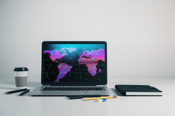 Laptop closeup with world map on computer screen. International education concept. 3d rendering.