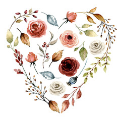 Naklejki  Floral heart, watercolor flowers roses, Illustration hand drawing. Isolated on white background. Perfectly for greeting card design.