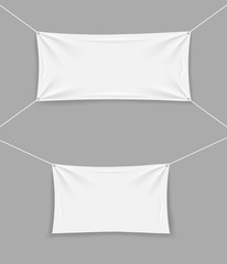 White blank mockup banner with rope and folds. Template textile hanging flag for sale. Empty stretched fabric, canvas, horizontal cloth on isolated background. Realistic banner for text. vector