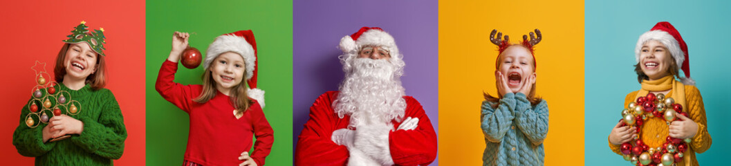 children and Santa Claus on multicolor background.