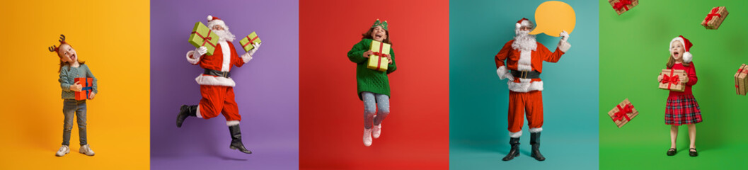 children and Santa Claus on multicolor background.