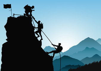Silhouette of three men climbing mountain by helping each other on blue mountains background, successful teamwork concept vector illustration - obrazy, fototapety, plakaty