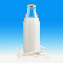 Fototapeta na wymiar White Yogurt Milk Plastic Bottle. Illustration Isolated On Blue Background. Glass Bottle with Milk. Template with Splash