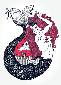 Outstanding hand-draw work of a tattoed-body mermaid in new old school style. Template for invitation, scrap booking, print for t-shirt, tattoo art, postcard, coloring books. Vector illustration.