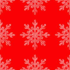 White snowflakes on a red background. Square. Preparation for winter holidays. Merry Christmas and happy New year. Background.