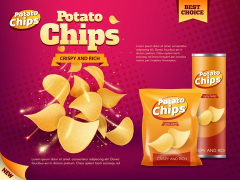 Potato chips bag and tube box. Snack food packages