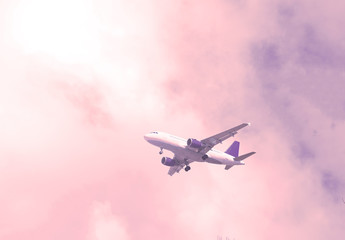 The plane on the background of the red sky with clouds. Fly.