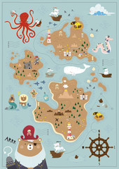 Pirate map for children in a Scandinavian style. Vector illustration. Perfect for play room design and posters for your child's room.