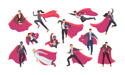 Flying business heroes. Set businessman and businesswoman superhero actions running flight. Super hero actions with different poses cartoon vector illustration © Idey