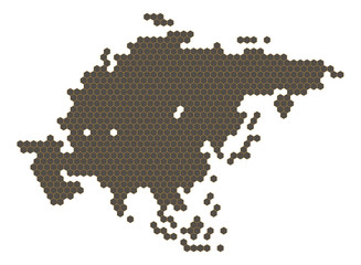 Map of Asia continent with honey bee or honeycomb or honey hive shape style isolated on white background.