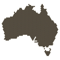 Map of AUS or australia continent with honey bee or honeycomb or honey hive shape style isolated on white background.