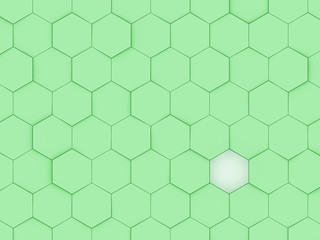 Fototapeta na wymiar Abstract green hexagon background with singe white field; abstract honeycomb pattern composition 3d rendering, 3d illustration