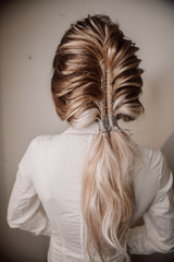 Beautiful Hairstyle. Fashion Clothes and Coiffure. Shatush, Balayage, Ombre Hair. Close Up of Hairdo. Back View