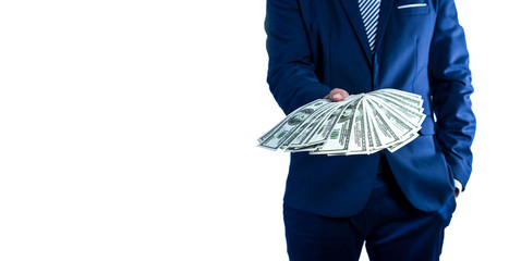 Business man holding money banknotes isolated on a white background.money saving financial concept.