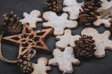 Christmas gingerbread cookies and wooden Christmas tree toys
