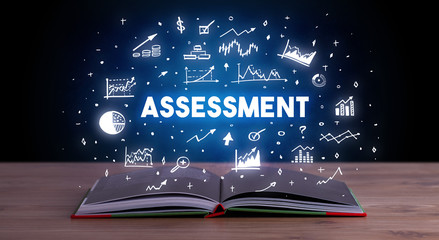 ASSESSMENT inscription coming out from an open book, business concept