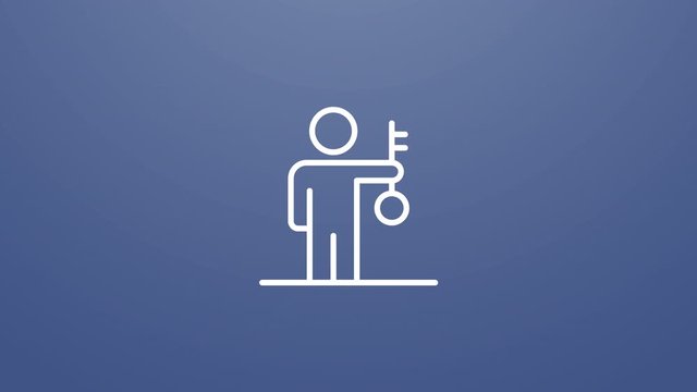 4k animation icon of human figure that hold a key. Particles animate symbol in composition and explosion. Two background version: full color and transparent isolated alpha channel.