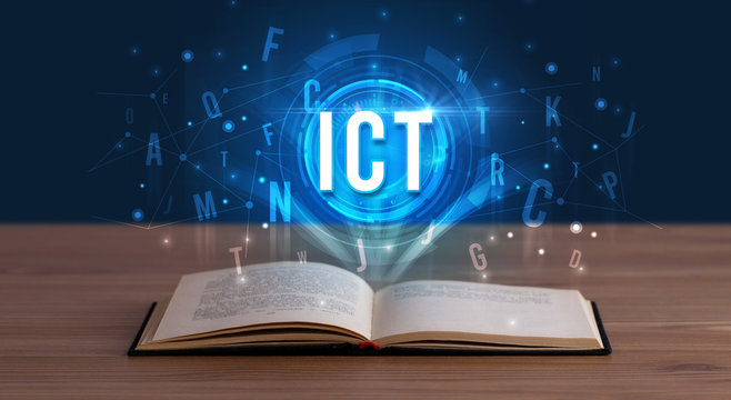 ICT inscription coming out from an open book, digital technology concept