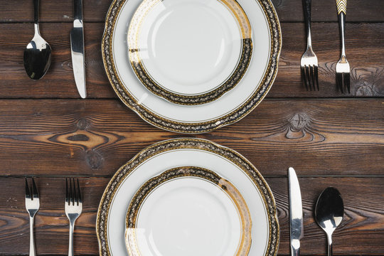 Top View Of Table Setup On Dark Wooden Background