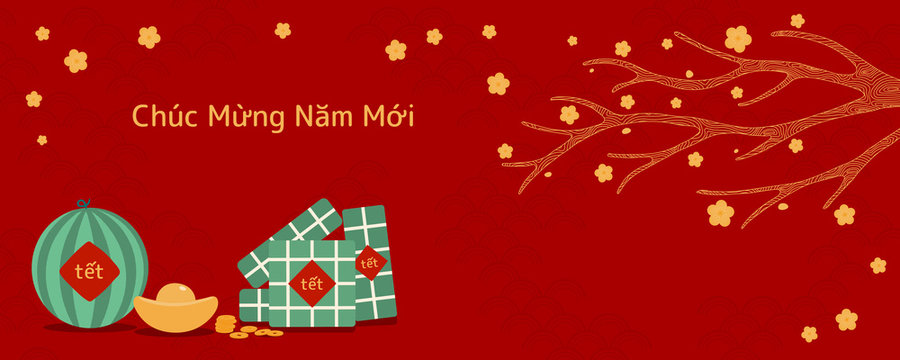 Hand drawn vector illustration for Tet with rice cakes, gold, watermelon, apricot flowers, Vietnamese text Happy New Year, on red background. Flat style design. Concept holiday card, poster, banner.