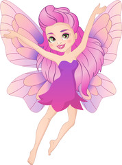 Obraz na płótnie Canvas Illustration of a cute pink spring fairy in flight. Beautiful cartoon girl with wings.