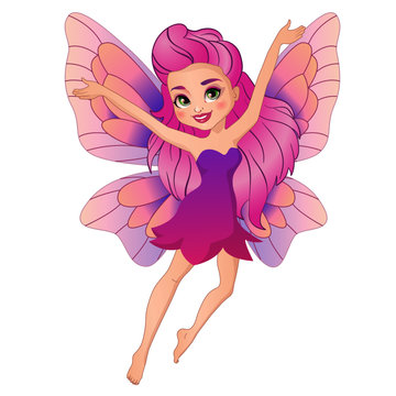 Illustration of a cute pink spring fairy in flight. Beautiful cartoon girl with wings.