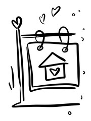Sign post and a sign with a picture of the house. sale house. Rent. The icon is drawn by hand. Sketch.