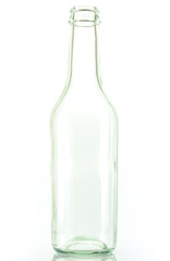 Empty colorless glass bottle, isolated.