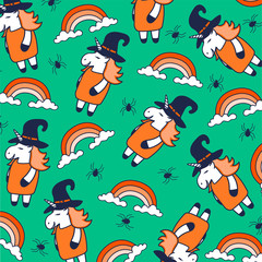 Halloween Unicorn pattern. Vector card with unicorns. Wrapping paper or fabric. Texture for menu, booklet, banner, website. Vector illustration. 