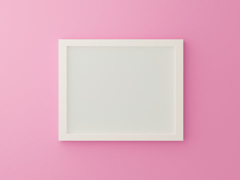 White blank photo frame on pink background in gallery. 3d render illustration. Empty mock up clean sweet picture on pastel texture. Valentines and minimal concept. Interior design. Horizontal.